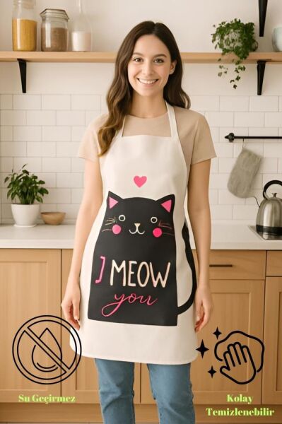 I Meow You Mutfak Önlüğü Kedi Desenli, Sıvı Geçirmez Sevimli Tasarım