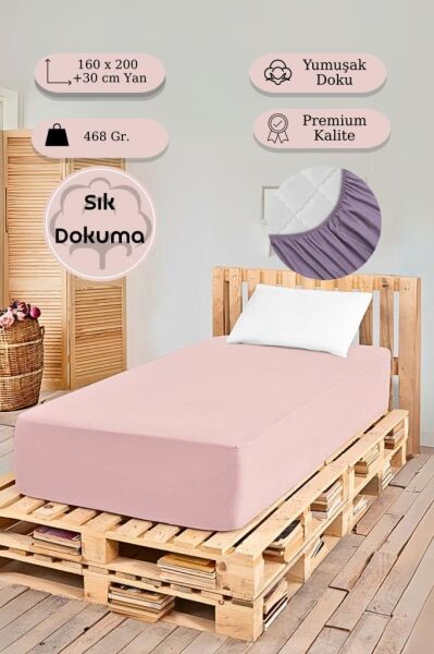 Düz Lastikli Tek Kişilik Percale Çarşaf 160x200 + 30cm Pudra - 160 X 200