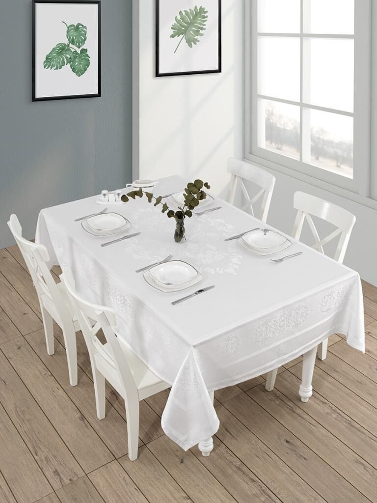 Pano Jakarlı Caramel Dikdörtgen Masa Örtüsü Beyaz - 160 X 220
