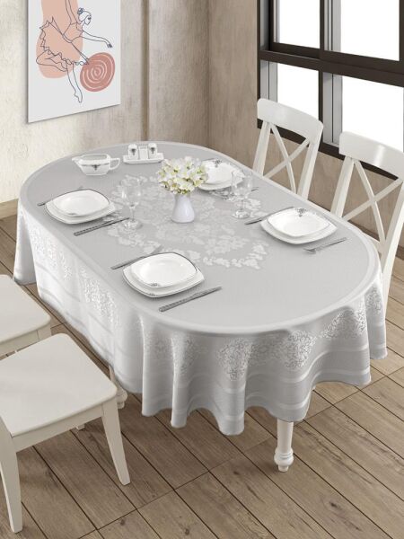 Pano Jakarlı Caramel Oval Masa Örtüsü Gri - 160 X 220