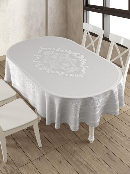 Pano Jakarlı Caramel Oval Masa Örtüsü Gri - 160 X 220