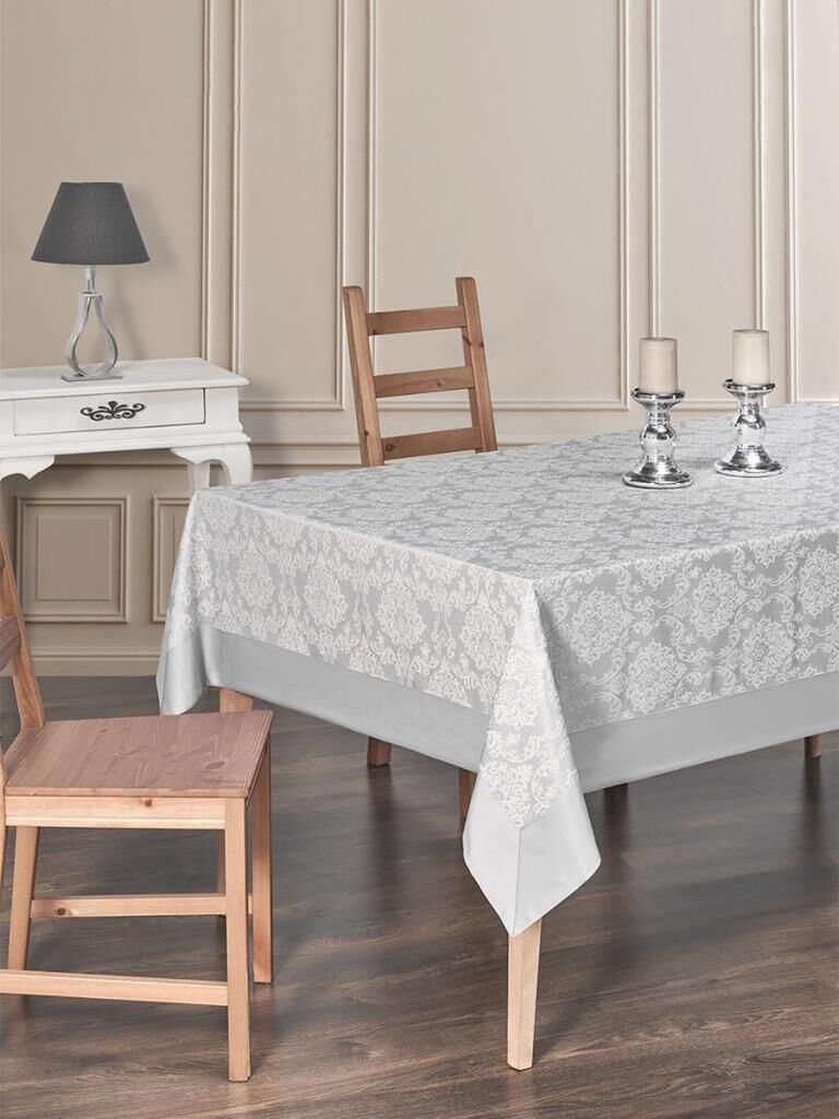 Bordürlü Damask Coton Masa Örtüsü Gri - 160 X 220