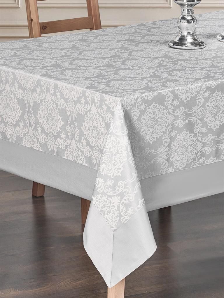 Bordürlü Damask Coton Masa Örtüsü Gri - 160 X 220