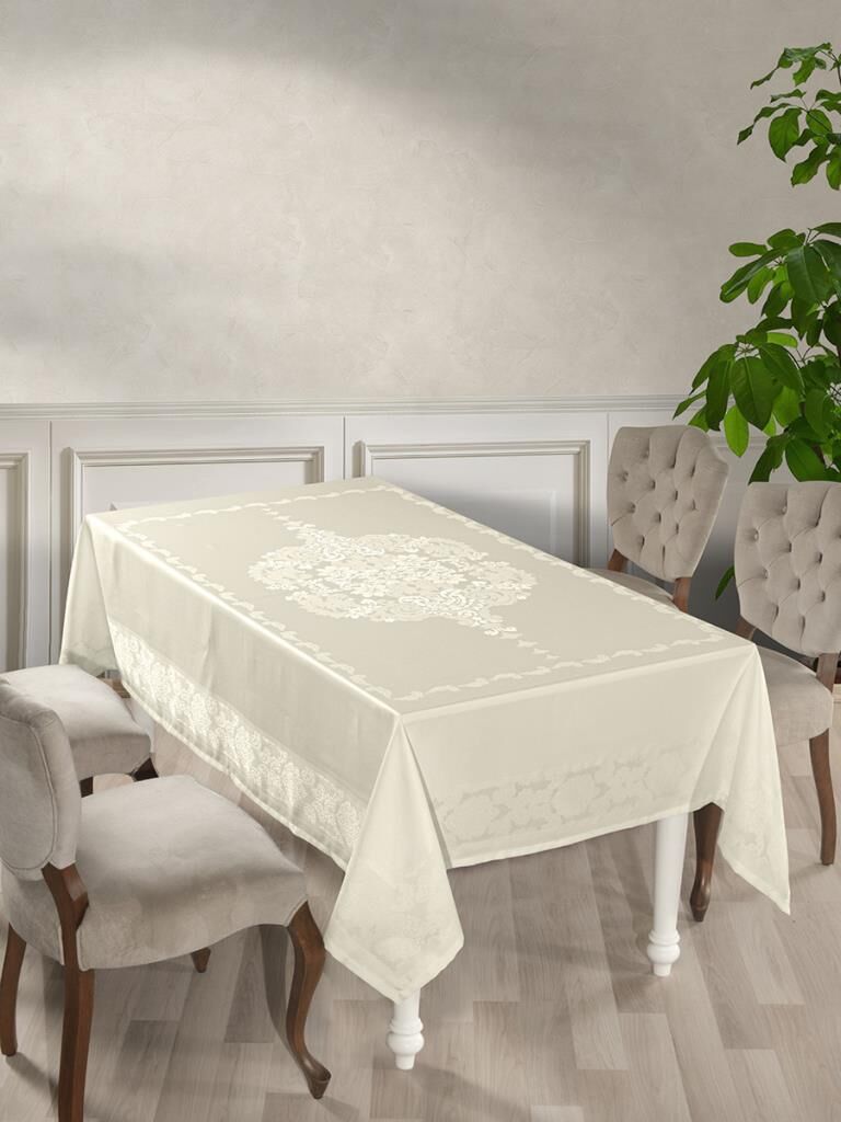 Masa Örtüsü Jakarlı Sıvı Geçirmez Dore Serisi Krem - 160 X 300