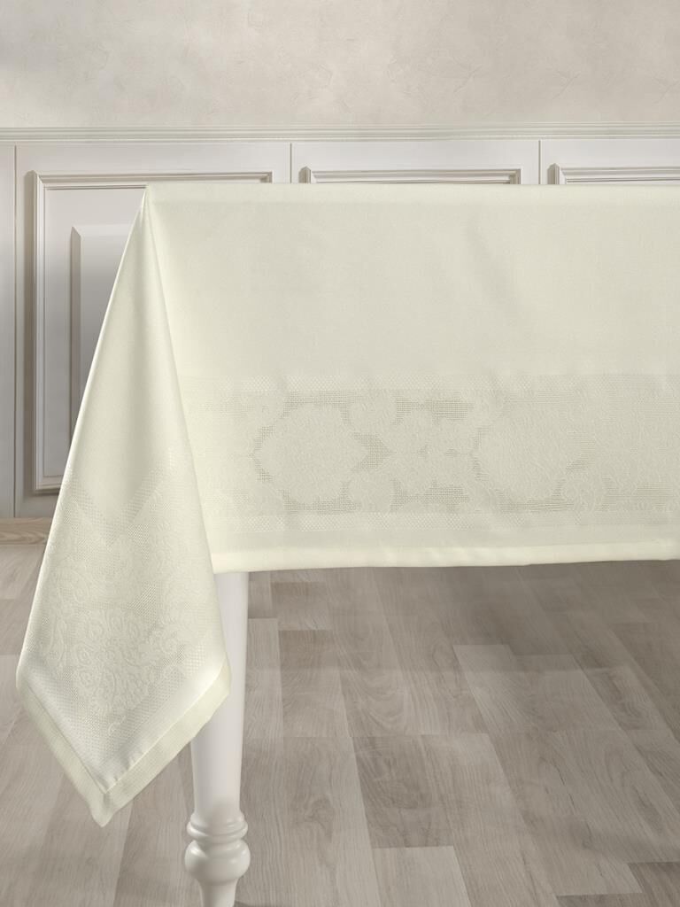 Masa Örtüsü Jakarlı Sıvı Geçirmez Dore Serisi Krem - 160 X 300
