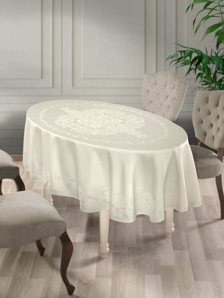 Masa Örtüsü Jakarlı Sıvı Geçirmez Dore Oval Krem - 160 X 220