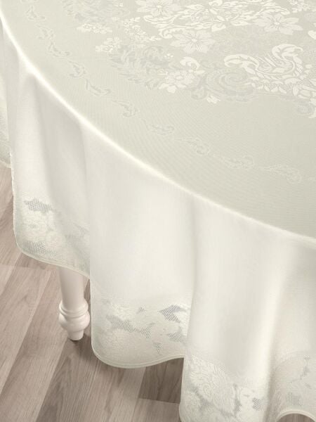Masa Örtüsü Jakarlı Sıvı Geçirmez Dore Oval Krem - 160 X 220