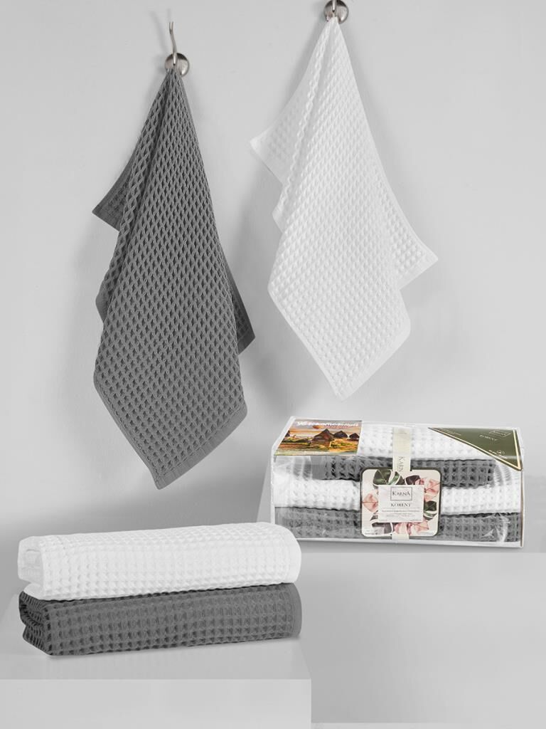 Plaj Havlusu 4 Lü Havlu Takımı Torshon Korent 40x80 - 70X140cm x2 / 50x90cm x2 Beyaz-Koyu Gri - 70 X 140