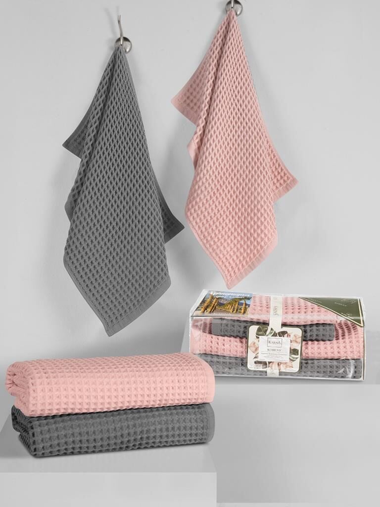 Plaj Havlusu 4 Lü Havlu Takımı Torshon Korent 40x80 - 70X140cm x2 / 50x90cm x2 Pembe-Koyu Gri - 70 X 140