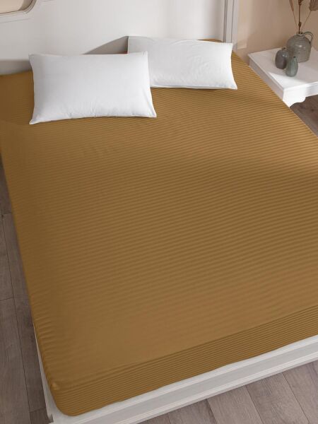 Çarşaf Stripe Saten Düz Lastikli Geniş Ölçü Hardal - 180 X 200