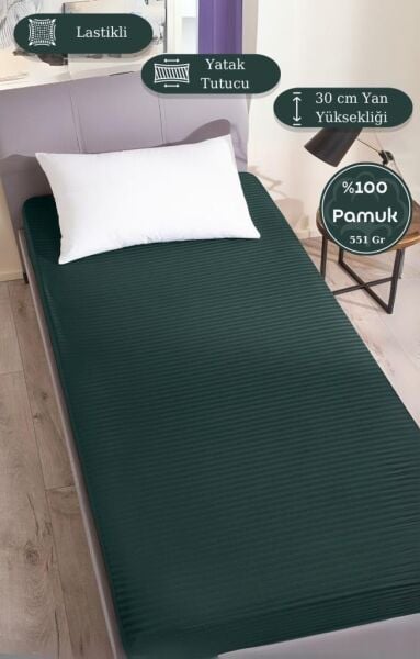 Çarşaf Stripe Saten Düz Lastikli Geniş Ölçü Koyu Yeşil - 180 X 200