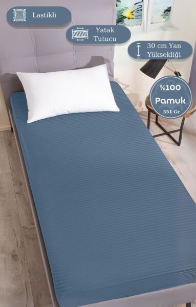 Çarşaf Stripe Saten Düz Lastikli Geniş Ölçü Mirage Mavi - 180 X 200