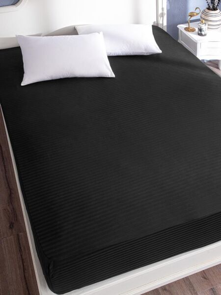 Çarşaf Stripe Saten Düz Lastikli Geniş Ölçü Siyah - 180 X 200