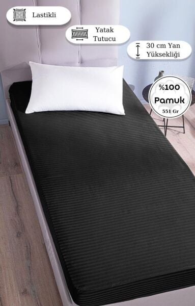 Çarşaf Stripe Saten Düz Lastikli Geniş Ölçü Siyah - 180 X 200