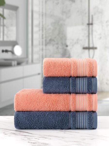 Premium 4 lü Havlu Seti Ladin 70x140 / 50x90 Şampanya-İndigo - 50 X 90