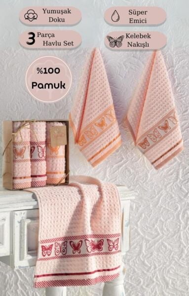 Mutfak Havlu Seti 3’lü Jakarlı Pamuk Butterfly 30x50 Pembe - 30 X 50