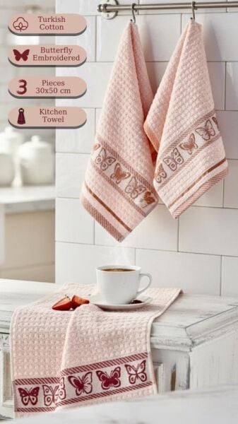 Mutfak Havlu Seti 3’lü Jakarlı Pamuk Butterfly 30x50 Pembe - 30 X 50