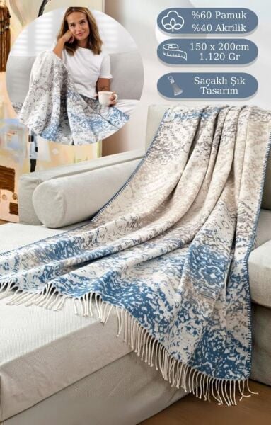 Tv Diz Battaniyesi Pamuk Morena Mavi - 150 X 200