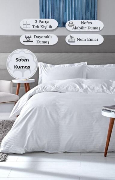 Beyaz Otel Tipi Pamuk Saten Tek Kişilik Nevresim Takımı Beyaz - 160 X 220
