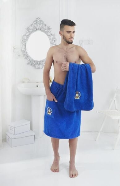 Cotton Pamır Erkek Sauna Havlu Seti Saks Mavisi