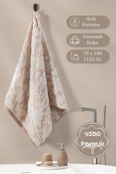 Pamuk Tekli Havlu Jakarlı Karna Eco Batıs - 70 x 140 Pudra - 70 X 140
