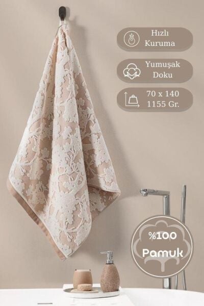 Pamuk Tekli Havlu Jakarlı Karna Eco Batıs - 70 x 140 Pudra - 70 X 140