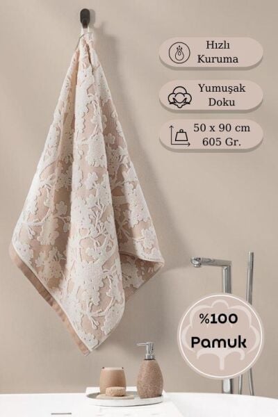 Pamuk Tekli Havlu Jakarlı Karna Eco Batıs - 50 x 90 Pudra - 50 X 90