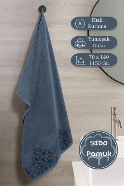 Pamuk Tekli Havlu Jakarlı Karna Home Klover - 70 x 140 Mirage Mavi - 70 X 140