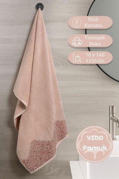 Pamuk Tekli Havlu Jakarlı Karna Home Klover - 70 x 140 Somon - 70 X 140