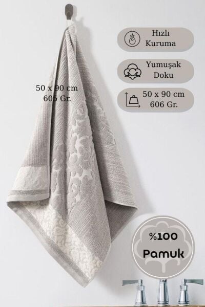 Pamuk Tekli Havlu Jakarlı Karna Premıum Sıbell - 50 x 90 Açık Gri - 50 X 90