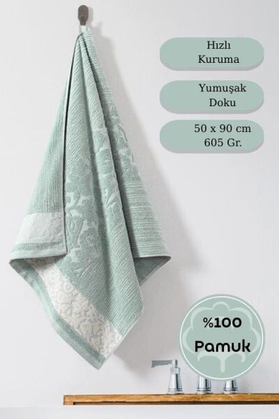 Pamuk Tekli Havlu Jakarlı Karna Premıum Sıbell - 50 x 90 Yeşil - 50 X 90
