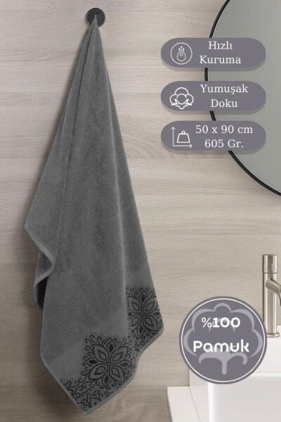 Pamuk Tekli Havlu Jakarlı Karna Home Klover - 50 x 90 Gri - 50 X 90