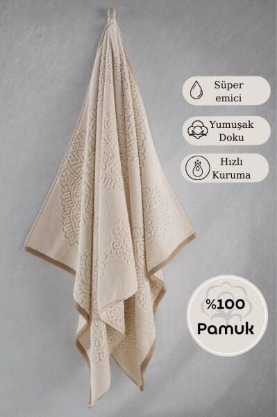 Pamuk Tekli Havlu Jakarlı Karna Premıum Vance - 70 x 140 Krem - 70 X 140