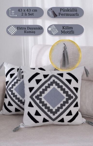 Bohem Dokuma Dekoratif Kırlent Kılıfı 43x43 cm – Fermuarlı, Saçaklı