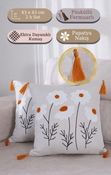 2 li Bohem Dokuma Dekoratif Kırlent Kılıfı 43x43 cm – Fermuarlı, Saçaklı Asorti-3 - 43 X 43