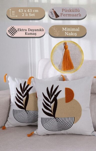 2 li Bohem Dokuma Dekoratif Kırlent Kılıfı 43x43 cm – Fermuarlı, Saçaklı Asorti-4 - 43 X 43