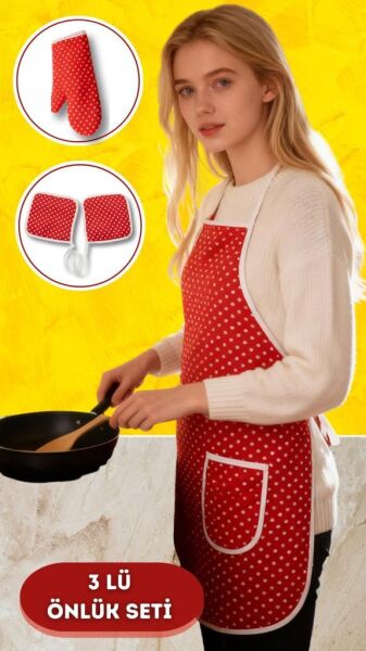 Puantiyeli Mutfak Seti 3’lü – Su Geçirmez Isıya Dayanıklı Önlük + Eldiven + Tutacak Kırmızı - 50 X 70