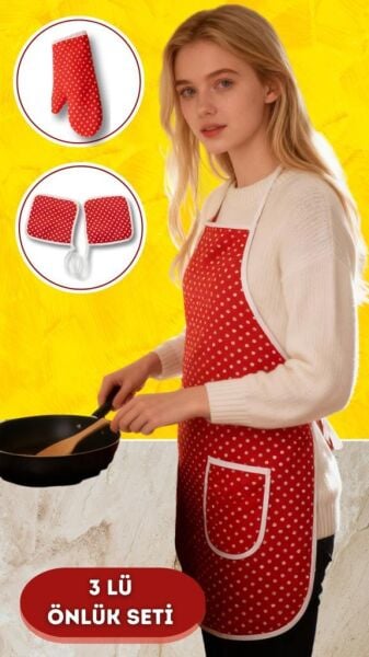 Puantiyeli Mutfak Seti 3’lü – Su Geçirmez Isıya Dayanıklı Önlük + Eldiven + Tutacak Kırmızı - 50 X 70