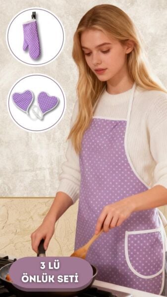 Puantiyeli Mutfak Seti 3’lü – Su Geçirmez Isıya Dayanıklı Önlük + Eldiven + Tutacak Lila - 50 X 70
