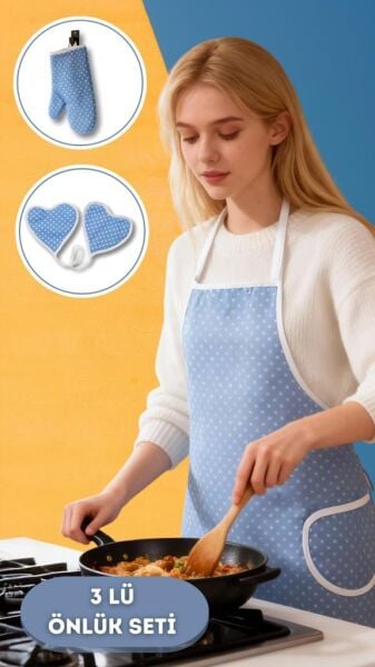 Puantiyeli Mutfak Seti 3’lü – Su Geçirmez Isıya Dayanıklı Önlük + Eldiven + Tutacak Mavi - 50 X 70