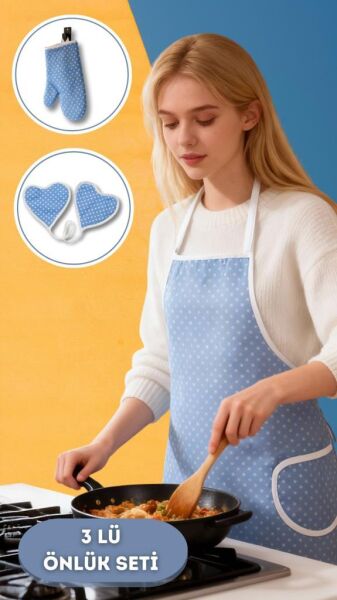 Puantiyeli Mutfak Seti 3’lü – Su Geçirmez Isıya Dayanıklı Önlük + Eldiven + Tutacak Mavi - 50 X 70