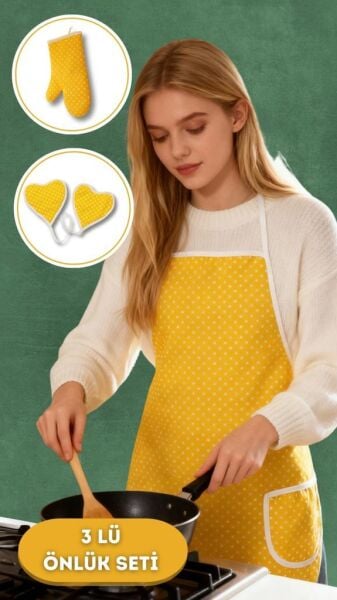 Puantiyeli Mutfak Seti 3’lü – Su Geçirmez Isıya Dayanıklı Önlük + Eldiven + Tutacak Sarı - 50 X 70