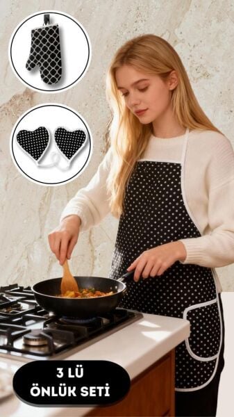 Puantiyeli Mutfak Seti 3’lü – Su Geçirmez Isıya Dayanıklı Önlük + Eldiven + Tutacak Siyah - 50 X 70