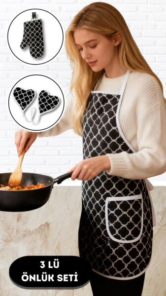 Puantiyeli Mutfak Seti 3’lü – Su Geçirmez Isıya Dayanıklı Önlük + Eldiven + Tutacak Koyu Siyah - 50 X 70