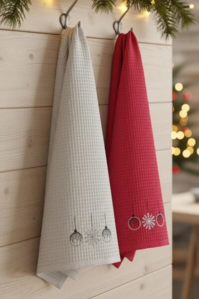 2 li Havlu Seti Yılbaşı Temalı Nakışlı Havlu Nuevo 40x60 cm Asorti-3 - 40 X 60