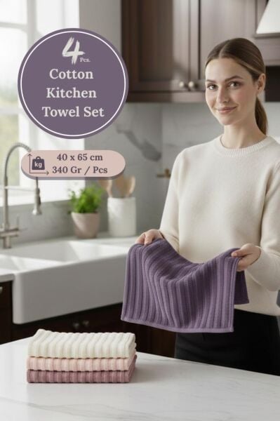 Mutfak Havlu Şal Seti 4 lü Ramla SoftLine Çizgili Dokuma Renkli - 40x65 cm Asorti-4 - 40 X 65