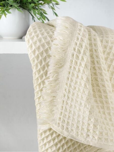Gofre Dokulu Pamuk Havlu Takımı Yumuşak ve Hızlı Kuruyan 70x140 Krem - 70 X 140